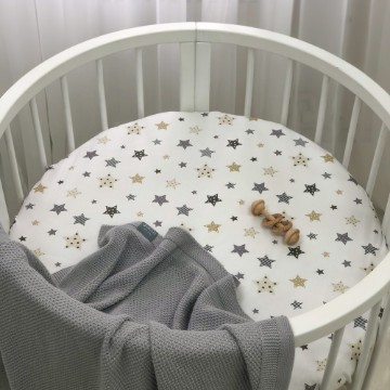 Protecție pentru saltea rotundă pătuț bebeluși / copii cu elastic, model Steluțe bej